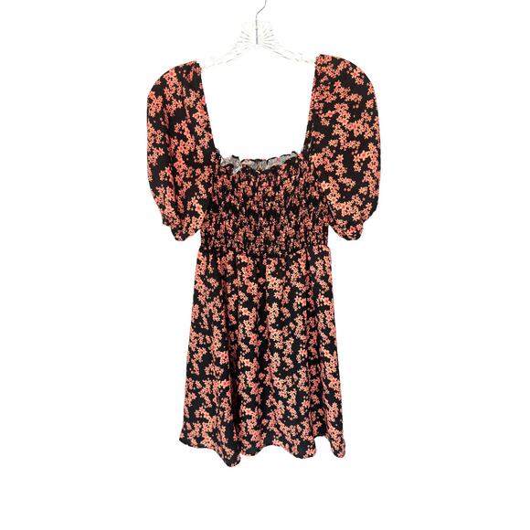 Resa Orange Black Daisy Smocked Stretch Floral Blake Mini Dress Size Small - Picture 2 of 9